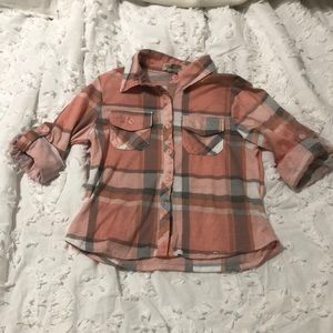 Pink, grey, and white plaid button up shirt